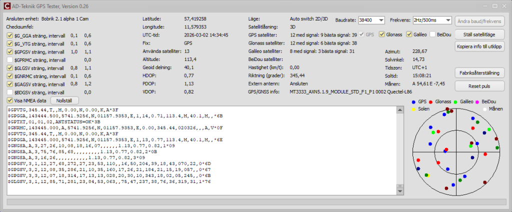 Skärmklipp från AD-Teknik GPS Tester Version 0.26 för Bobrik
